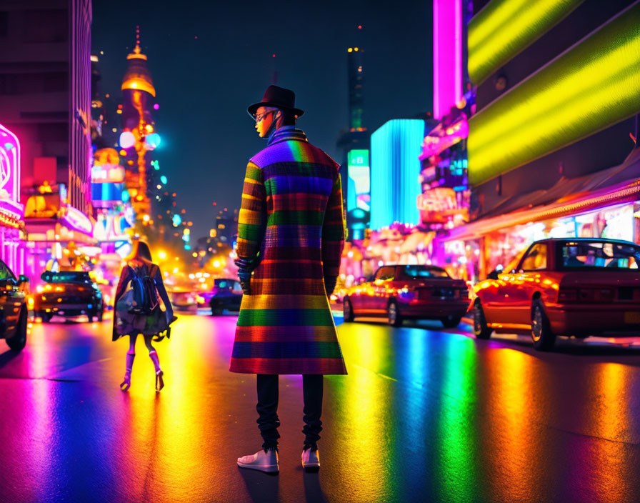 Colorful Striped Coat and Hat on Stylish Person in Vibrant City Street at Night