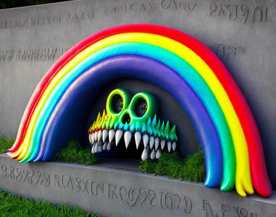 Colorful Skull with Blue Eyes and Rainbow on Engraved Background