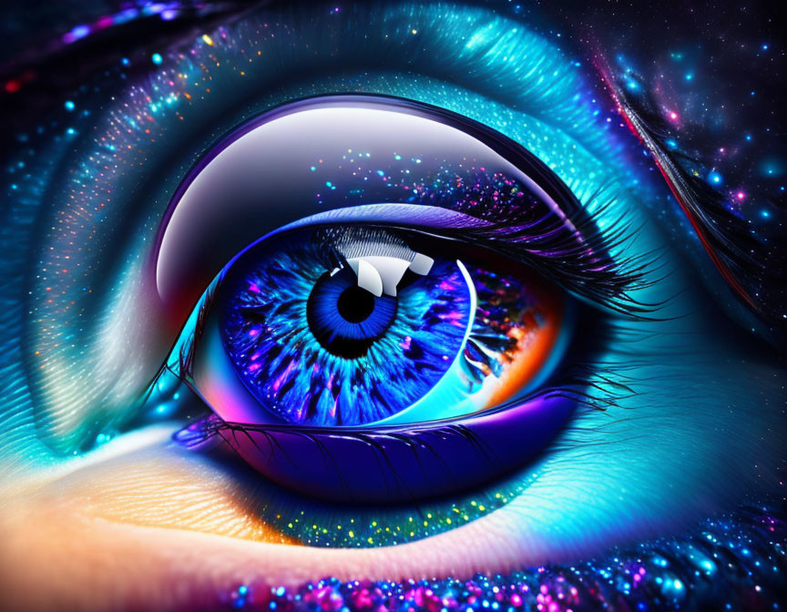 Digital artwork: Human eye with blue iris in neon cosmic setting