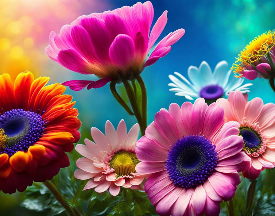 Assorted Flowers: Pink, Orange Daisies on Rainbow Background