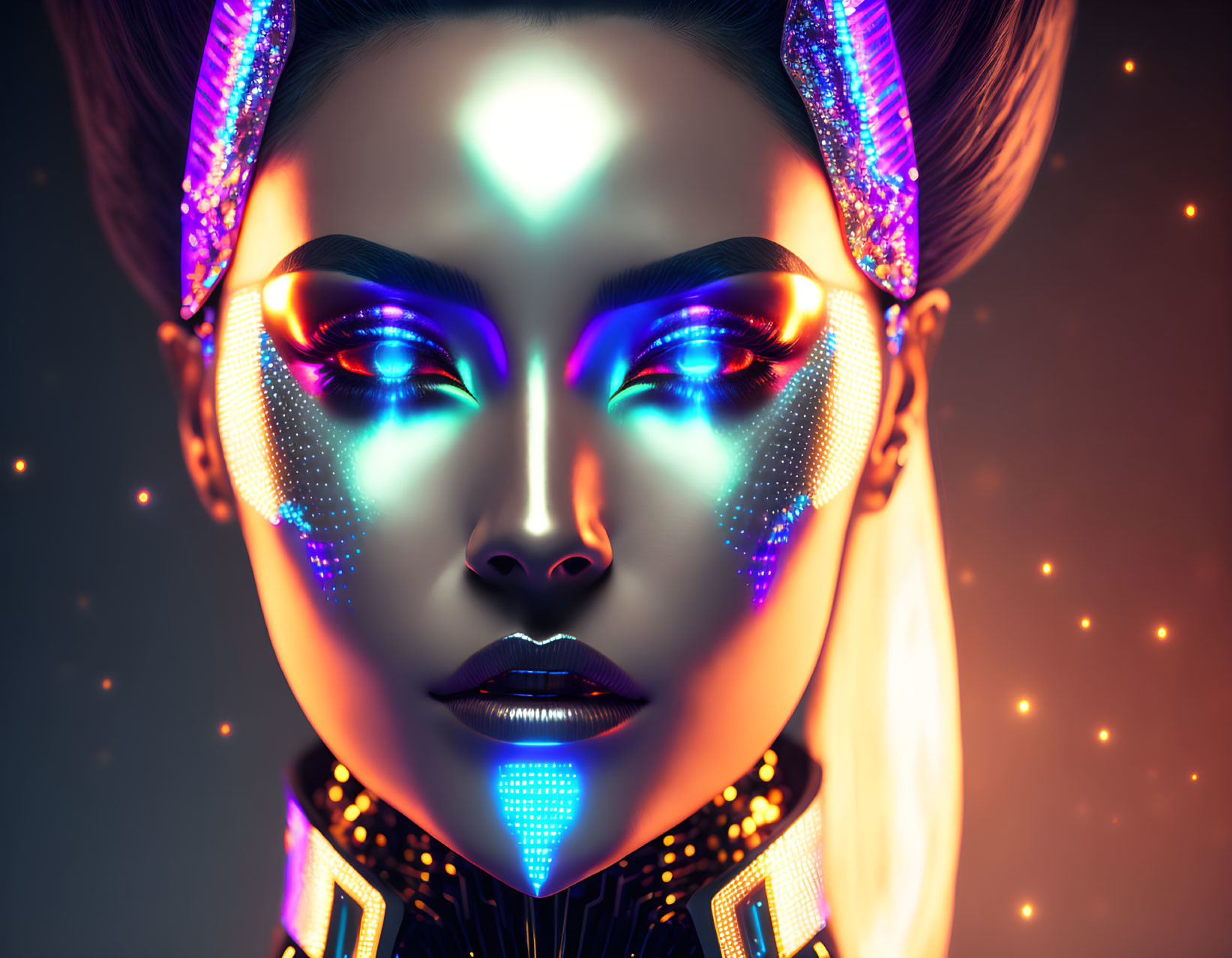 Futuristic woman with neon makeup and cybernetic enhancements on warm bokeh-lit backdrop