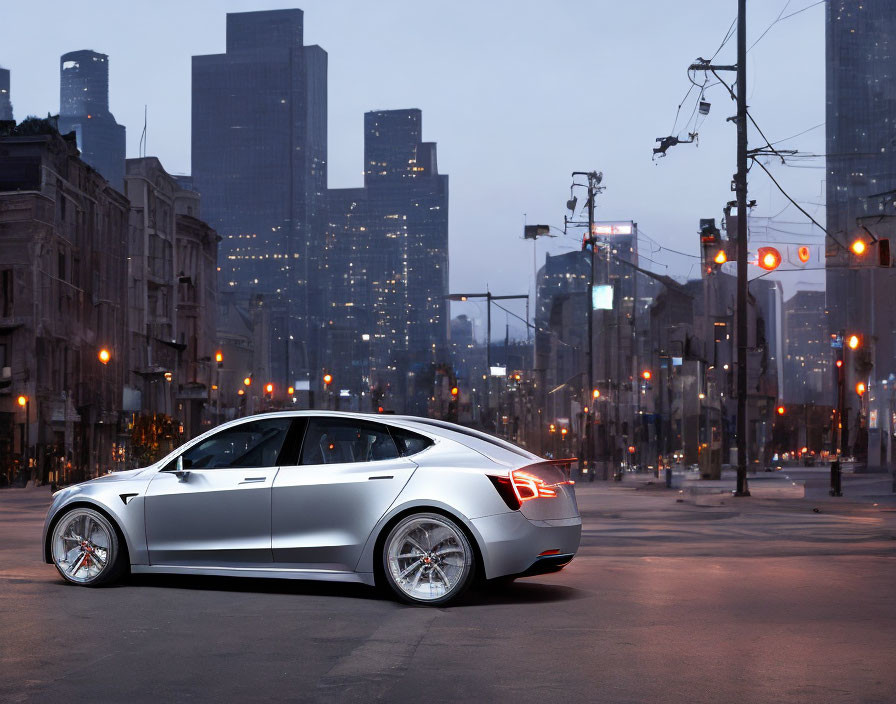 Silver Electric Car Parked on City Street at Twilight with Skyscrapers and Traffic Lights