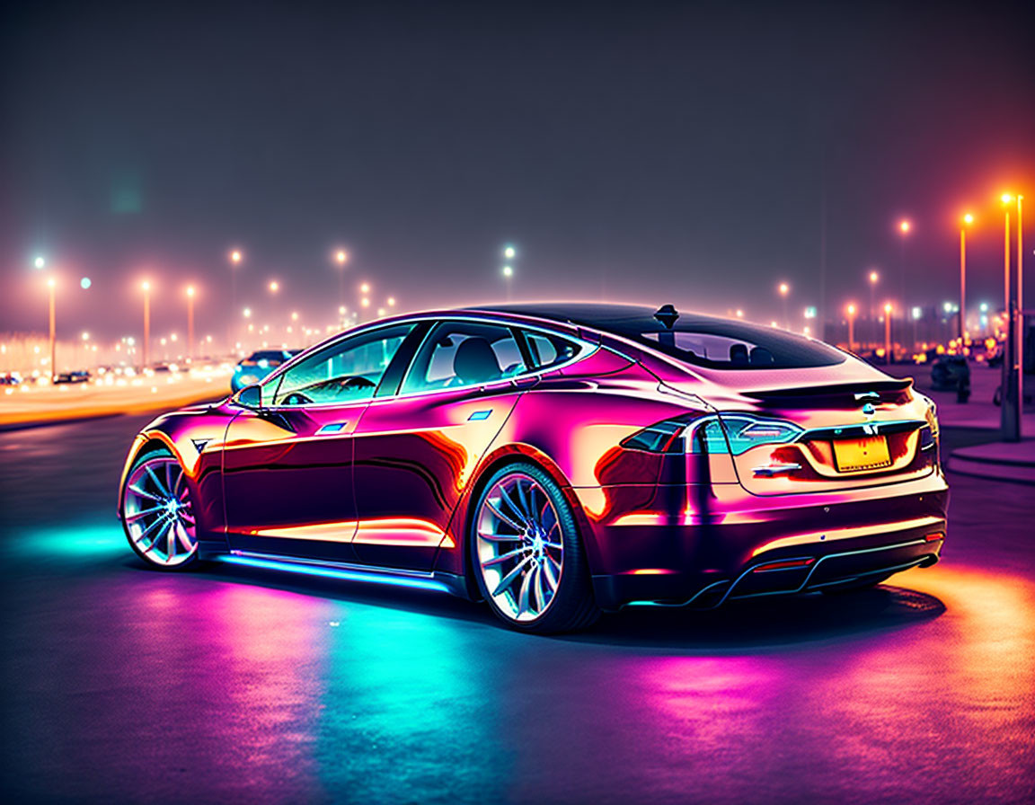 Modern electric car with neon underglow lights parked at night in cityscape.