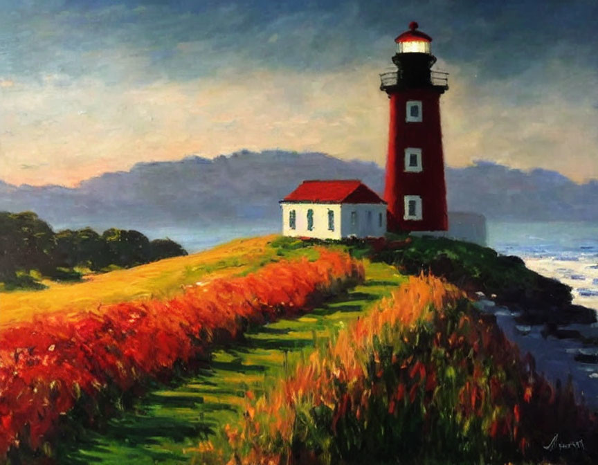 Red Lighthouse and White Building in Coastal Sunset Landscape