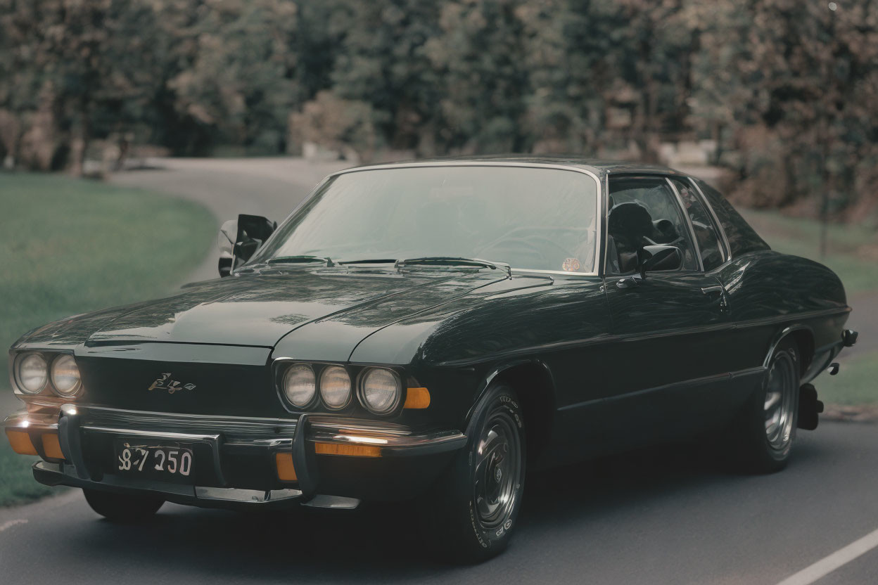 Black Sports Car with Pop-Up Headlights Driving on Tree-Lined Road