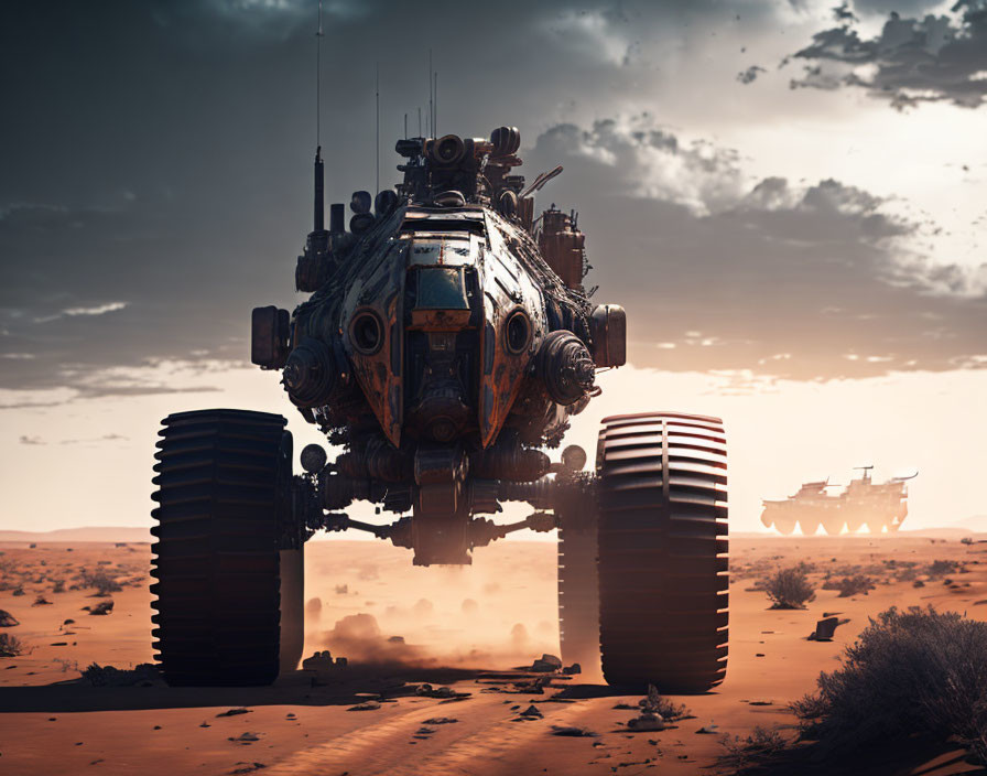 Armored vehicles with large wheels in desert landscape under hazy sky