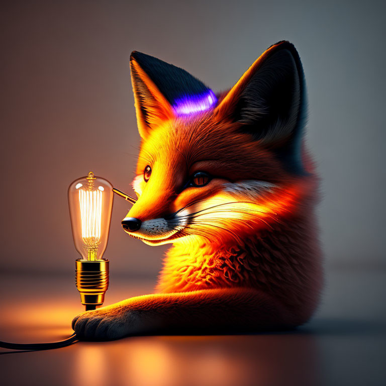 Vibrant orange fox illustration with glowing fur and lightbulb on dim background