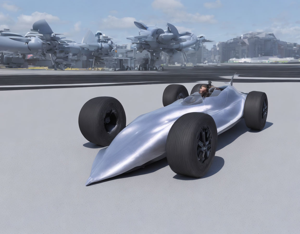 Futuristic silver race car with black tires and single driver on runway with aircraft and cloudy sky.