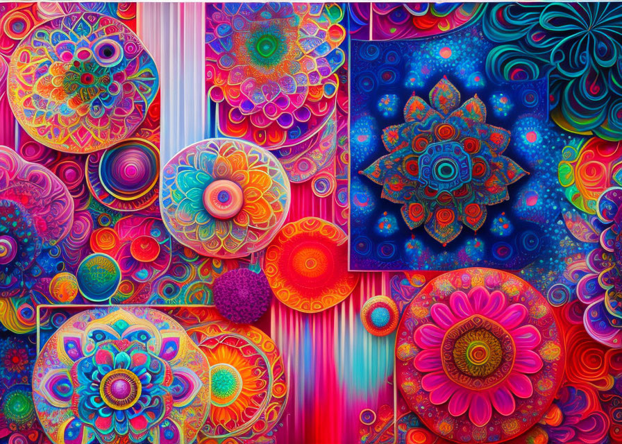 Colorful Psychedelic Mandala Patterns with Fluorescent Glow