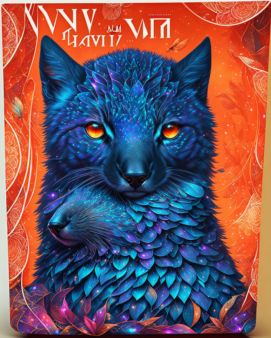 Colorful digital artwork: Blue-feathered cat with glowing eyes on ornate orange backdrop.