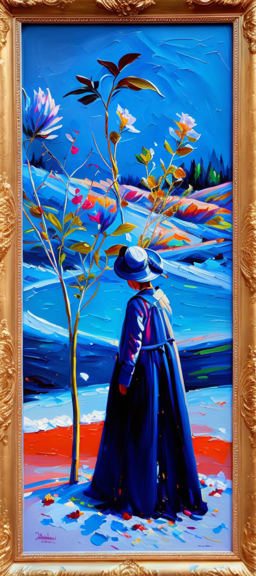 Colorful painting of person in blue cloak and hat admiring flowers against golden frame