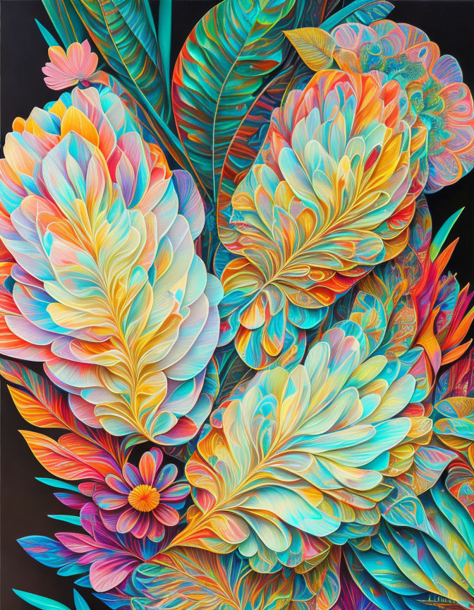 Colorful Feathers and Floral Patterns in Digital Artwork