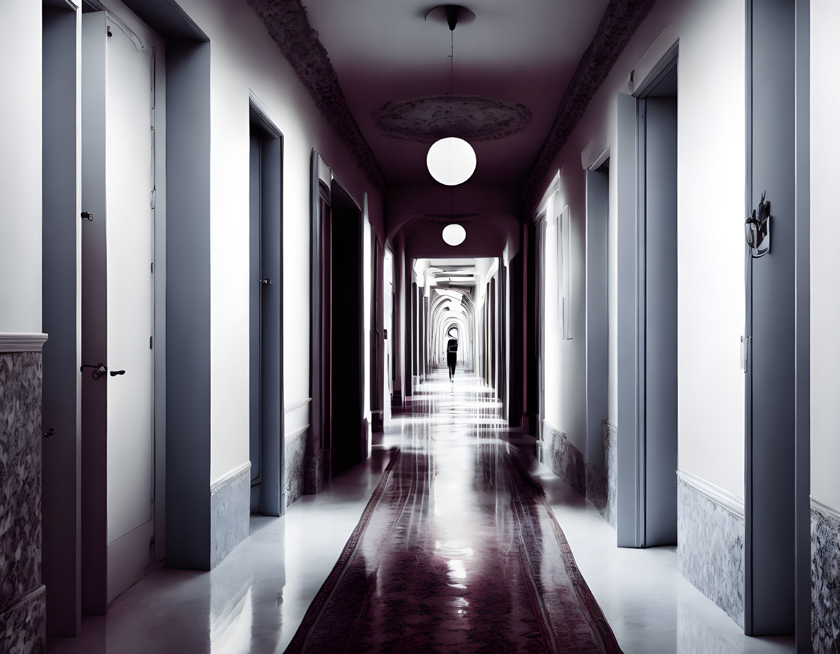 Symmetrical Elegant Corridor with Doors, Ceiling Lights, and Red Carpet