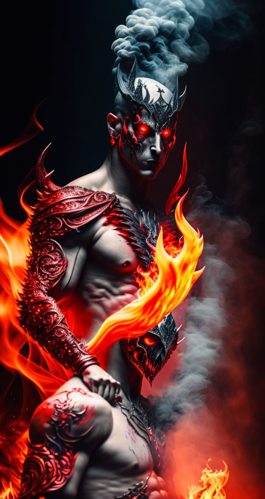 Intricate Body Paint with Red Eyes and Flame Effects
