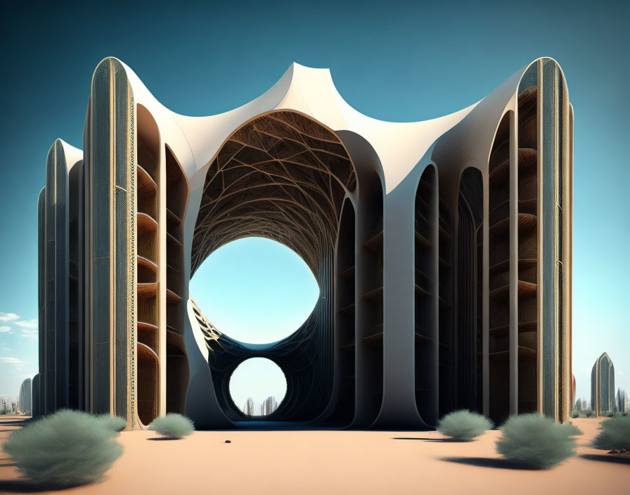 Futuristic structure with arched pathways in desert landscape