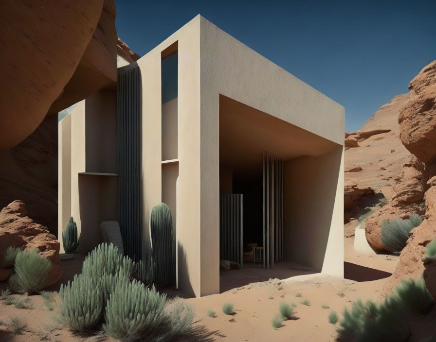 Minimalist Desert House with Geometric Shapes and Sandstone Surroundings