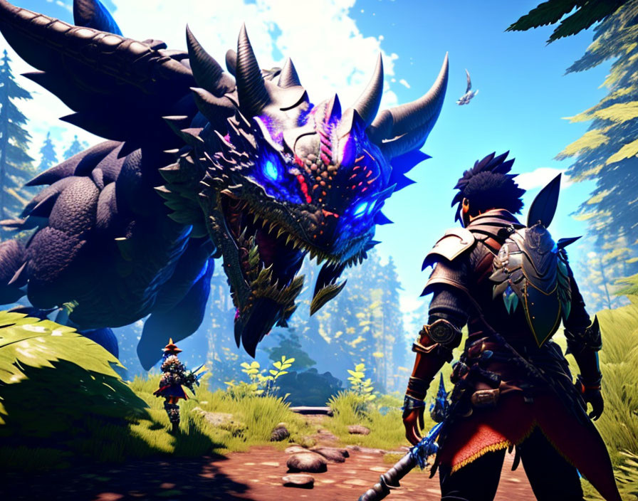 Warrior with sword confronts glowing, spiky creature in vibrant forest.