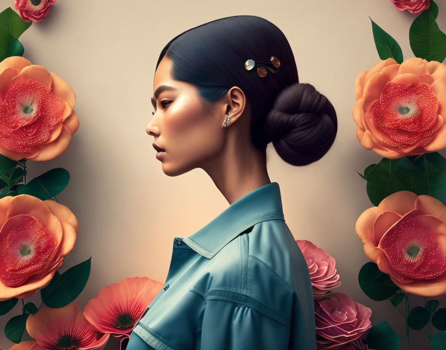 Woman with Sleek Hair in Bun and Teal Blouse Surrounded by Stylized Orange Flowers