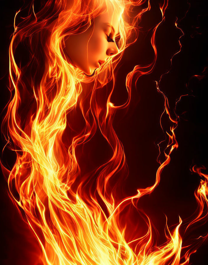 Vibrant flames outline woman's profile in dark background