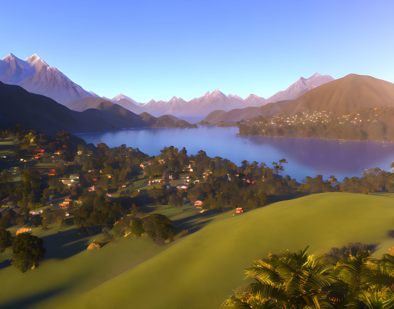 Scenic Lakeside Town Sunrise Amid Green Hills & Snow-Capped Mountains