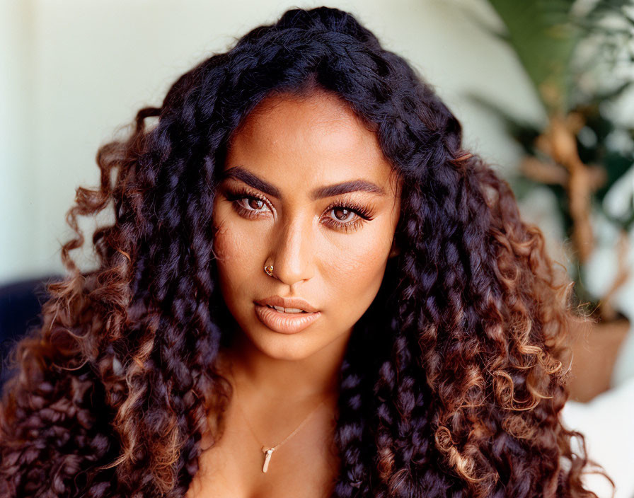 Curly Haired Woman with Nose Ring in Close-up Shot