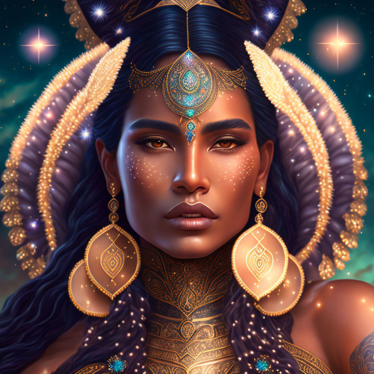 Elaborate Golden Headdress and Night Sky Portrait