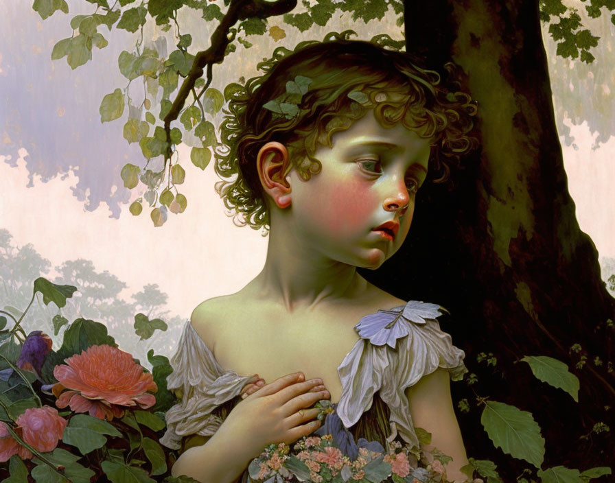 Portrait of young child in flower dress amid lush greenery