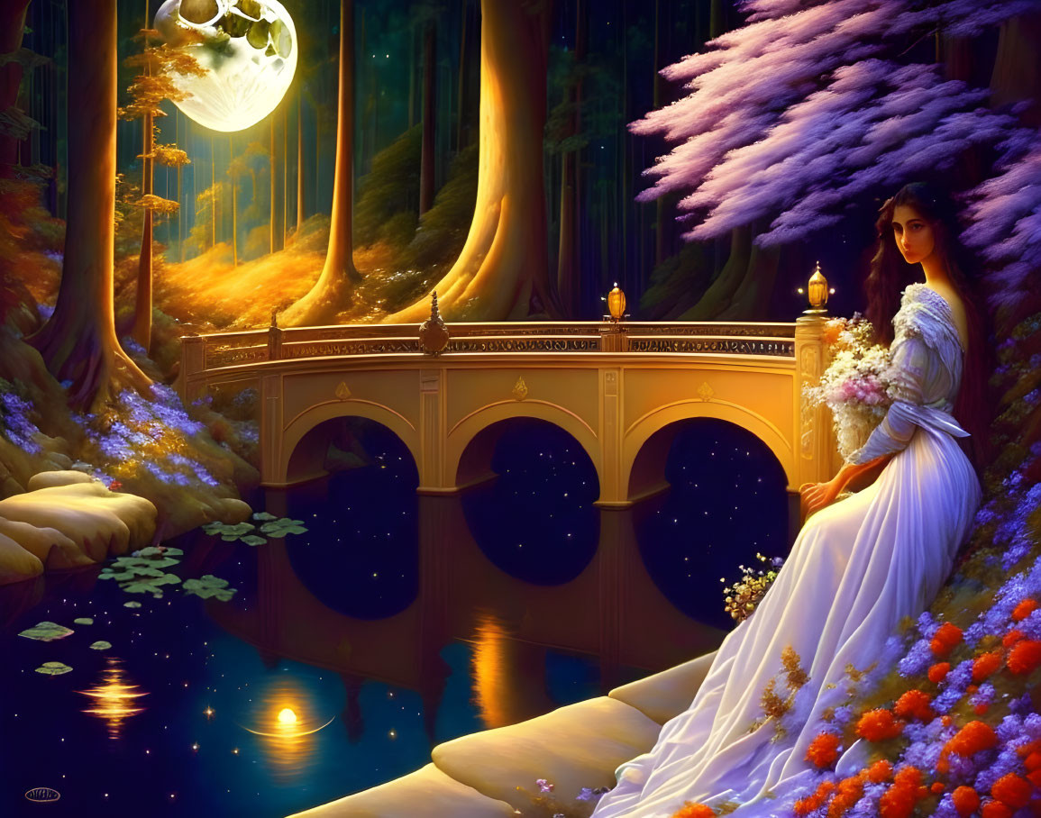 Woman in white dress by stone bridge in luminous forest under full moon