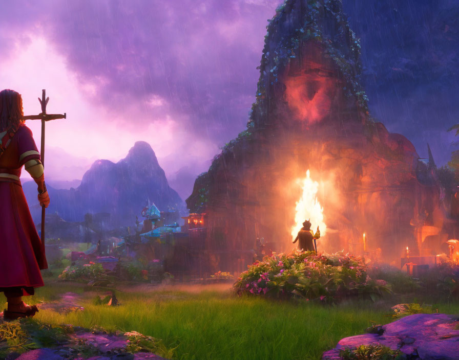 Person holding staff gazes at luminous fire in ancient ruins under purple sky