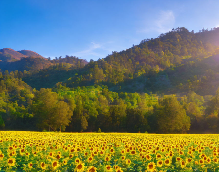 Sunflower Field with Green Mountains and Blue Sky