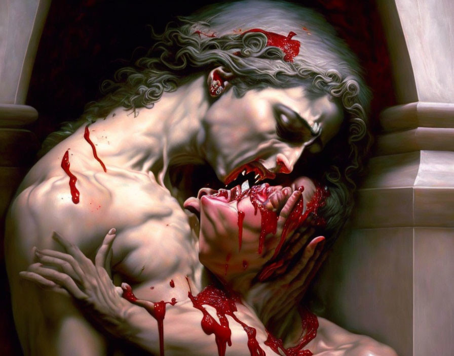 Gothic vampire biting victim's neck in dark setting