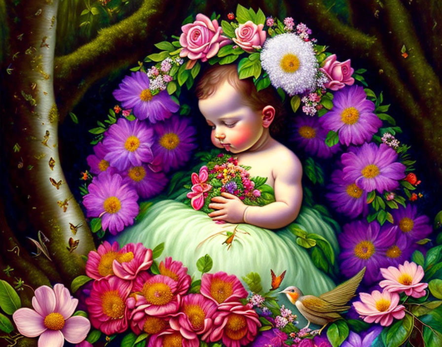 Infant sleeping among purple flowers with floral crown and bird nearby