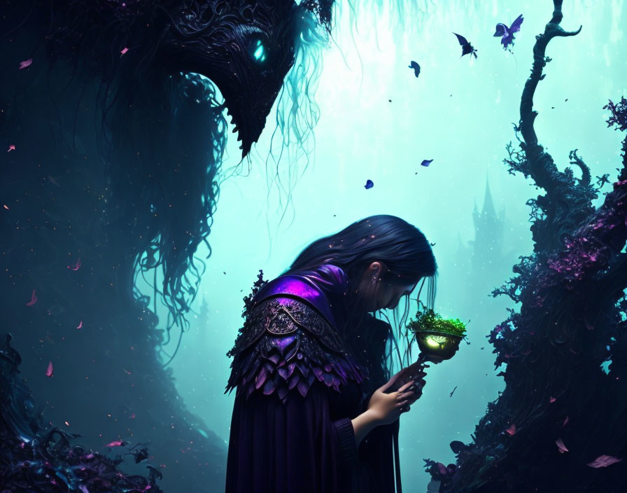 Mystical figure with glowing green object in magical forest