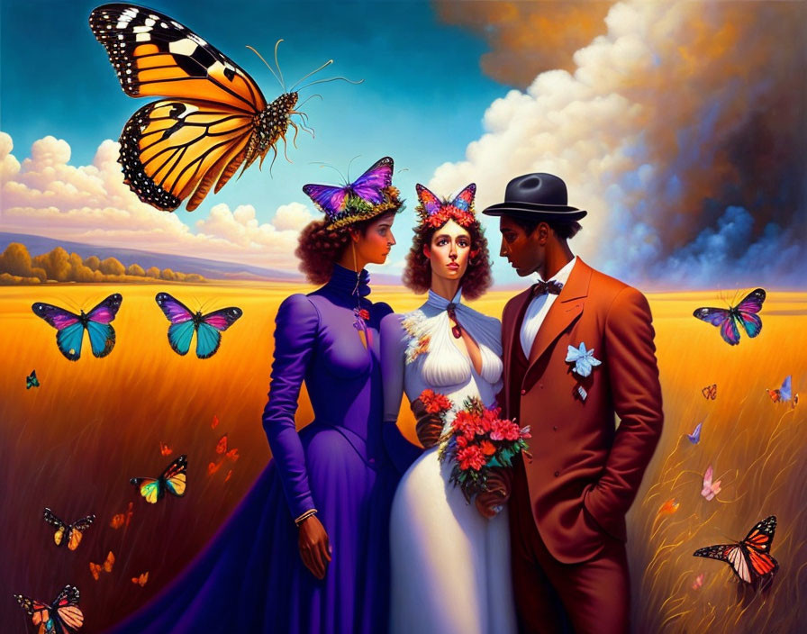 Elegant Trio in Vintage Attire in Vibrant Field with Butterflies