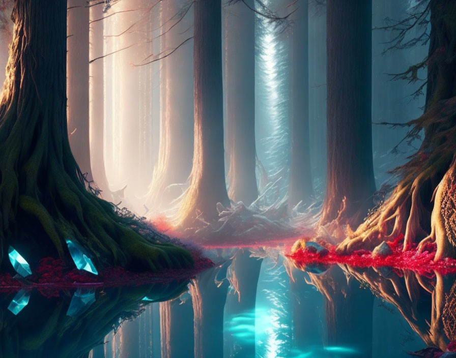 Majestic forest with towering trees, serene waterbody, mystical light