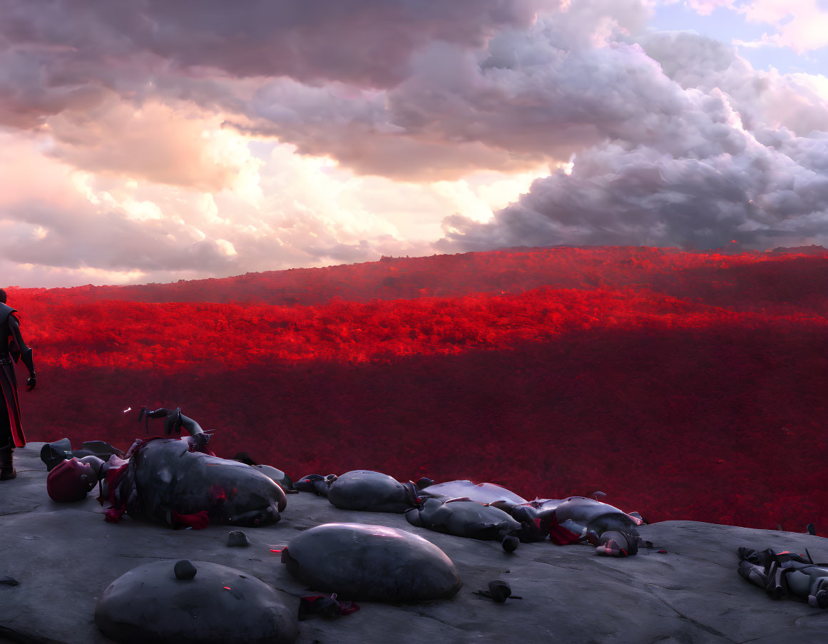 Figure standing in red foliage field under dramatic sunset sky with scattered stone-like objects