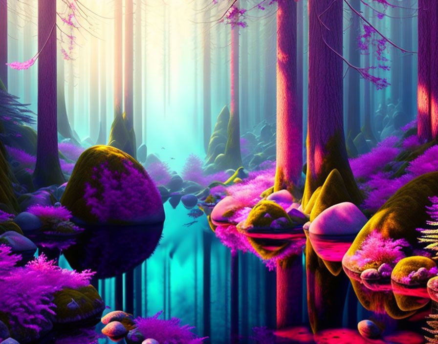 Mystical fantasy forest with tall trees and colorful flora