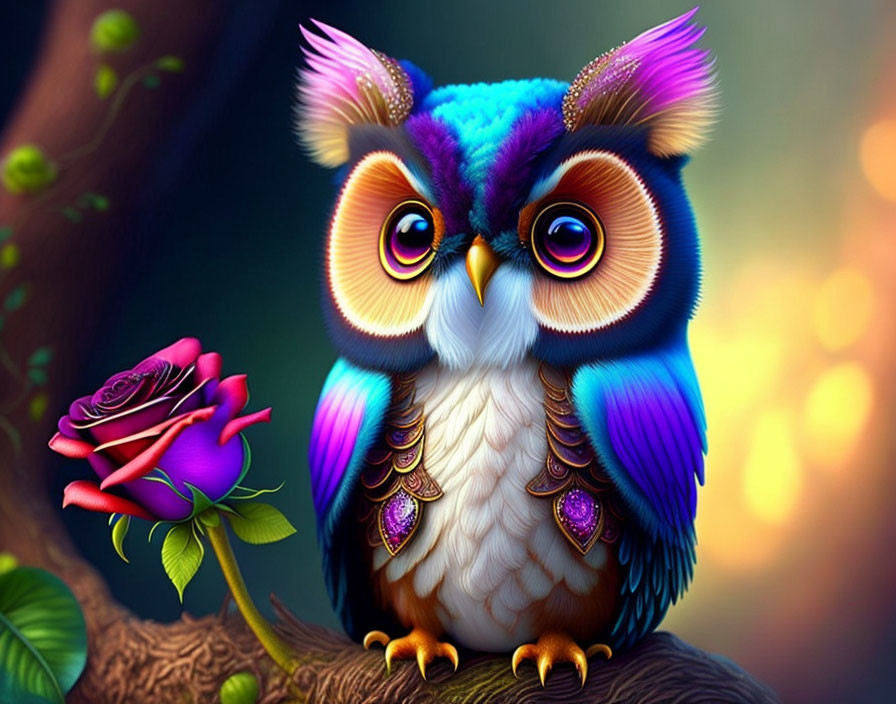 Colorful Stylized Owl with Blue and Purple Feathers Beside Blooming Rose