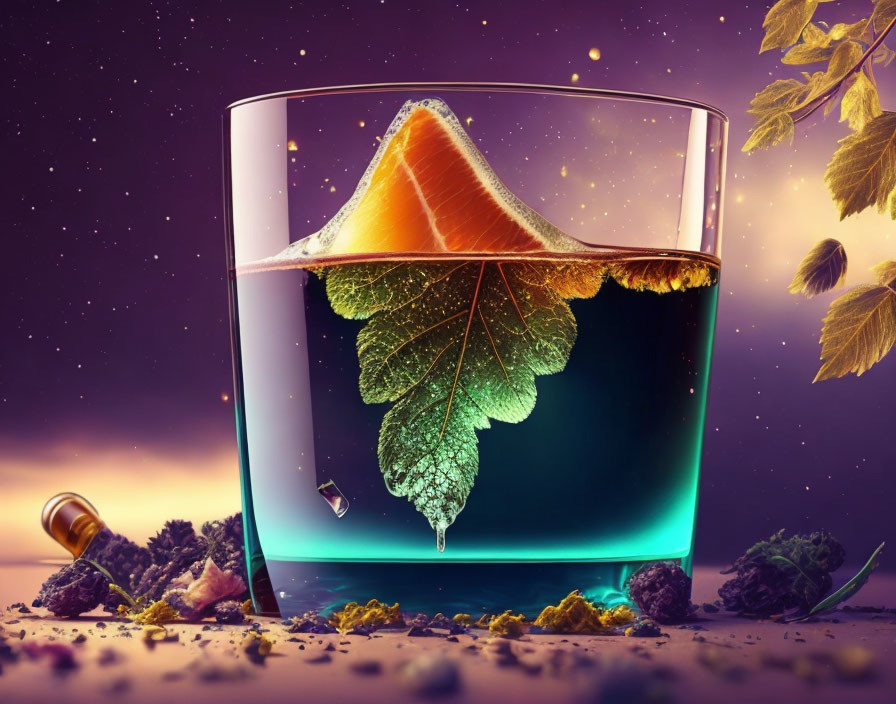 Vibrant surreal artwork of glass with liquid, citrus slice, and leaf in magical scenery