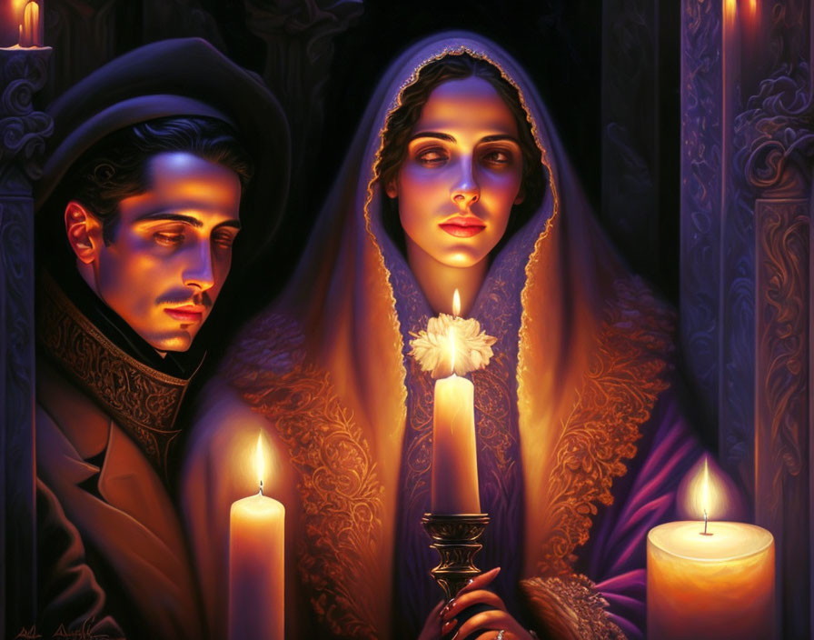 Historical painting of man and woman in period attire with candlelight glow