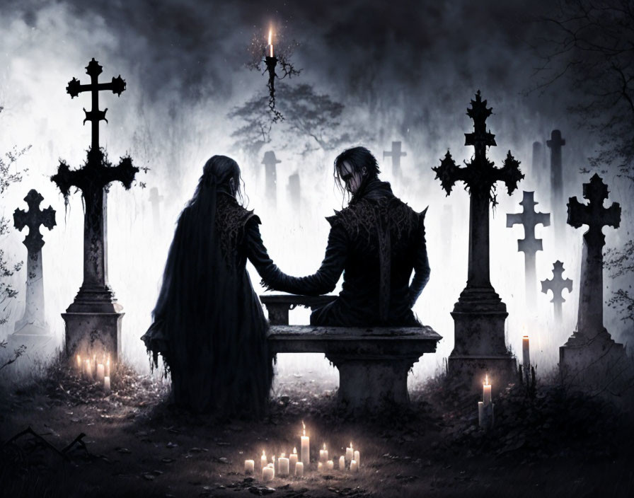 Cloaked figures in eerie arm-wrestling match at foggy graveyard