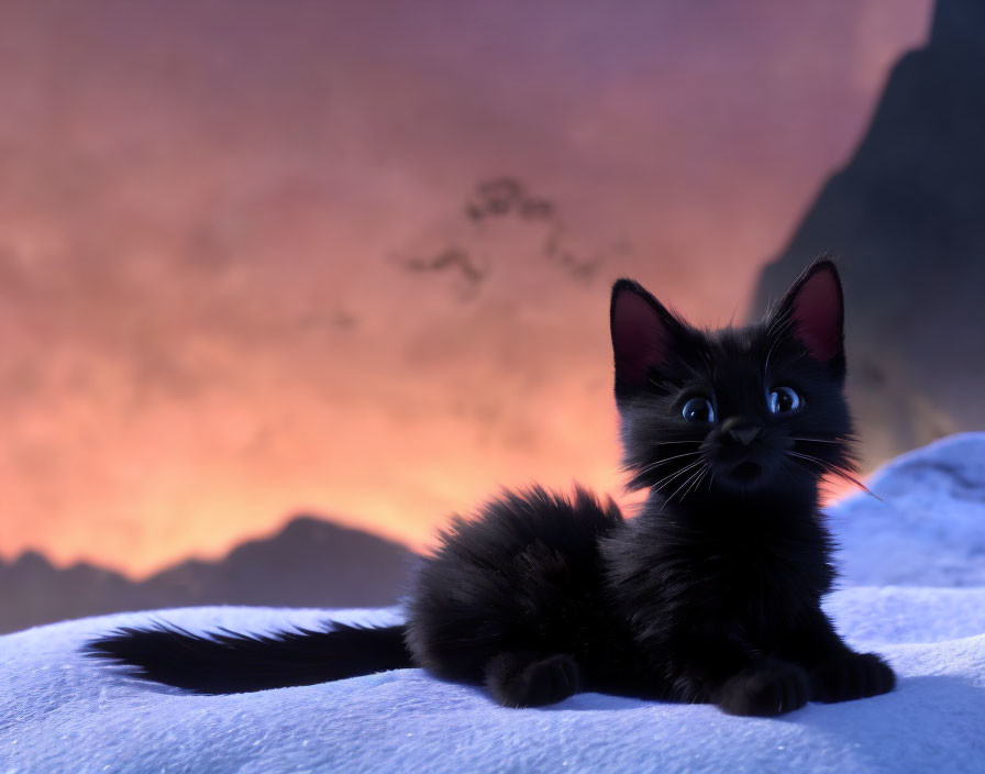 Black Kitten with Bright Eyes on White Surface Against Purple Skies and Mountains