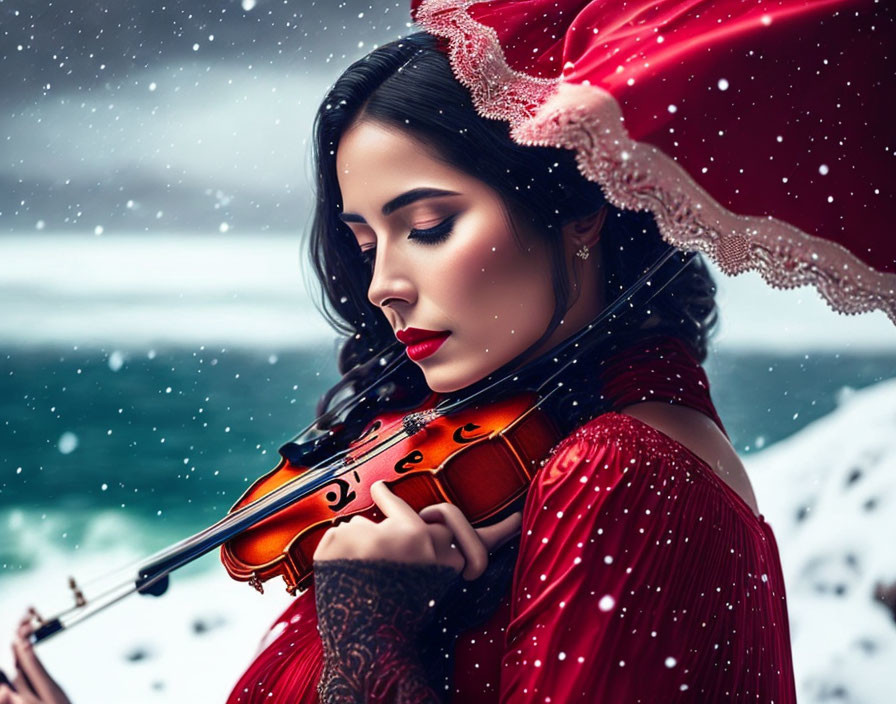 Woman in Red Dress Playing Violin in Snowy Landscape