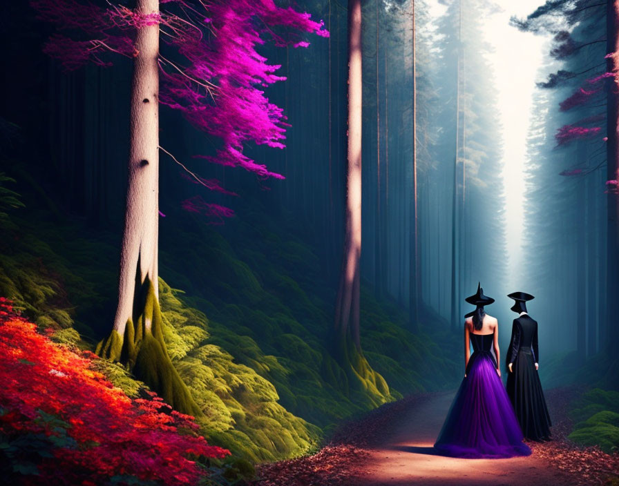 Elegant couple strolling forest path with pink foliage and ethereal sunlight