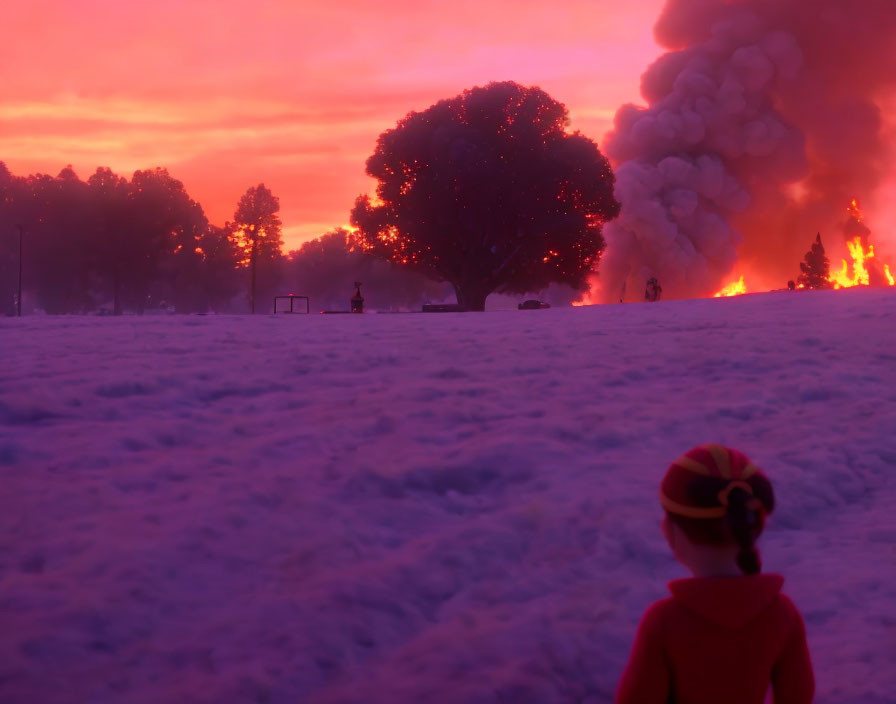 Child in Red Jacket Observing Landscape with Foam, Explosion, and Dusk Sky