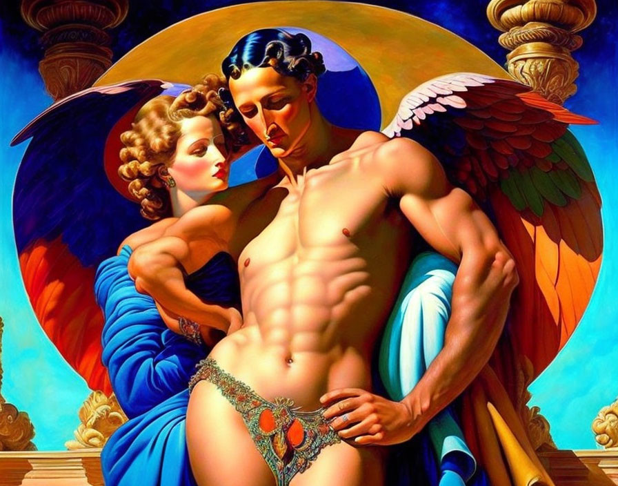 Muscular angelic figure embracing a woman against vibrant sky backdrop