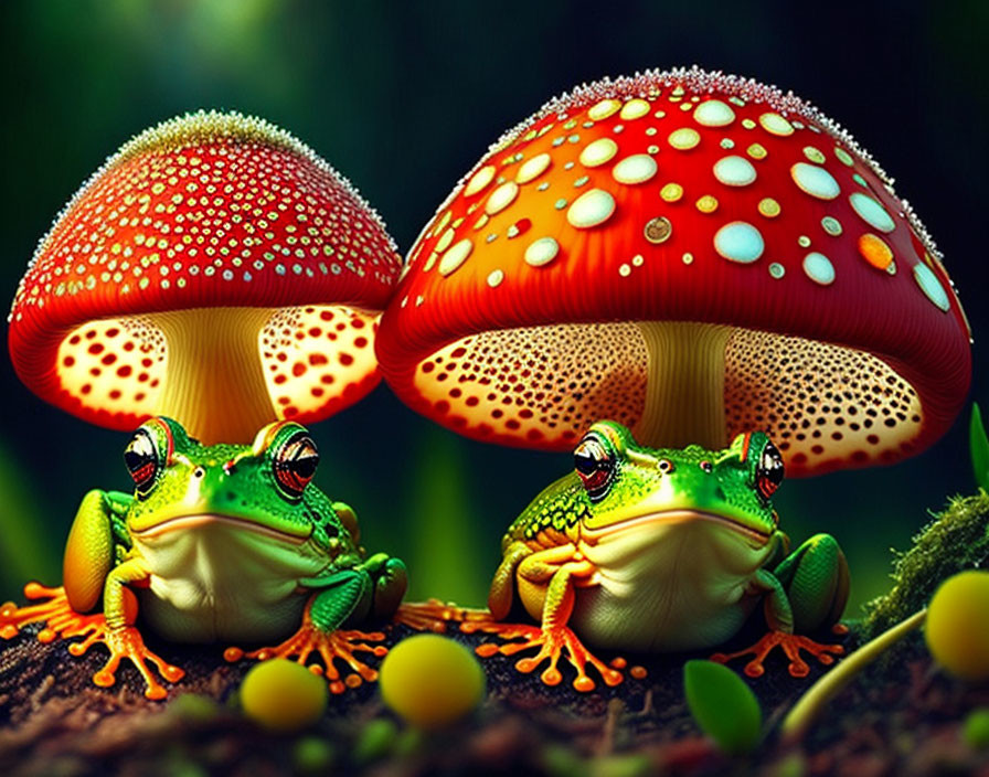 Colorful frogs under red-and-white mushrooms in lush greenery.