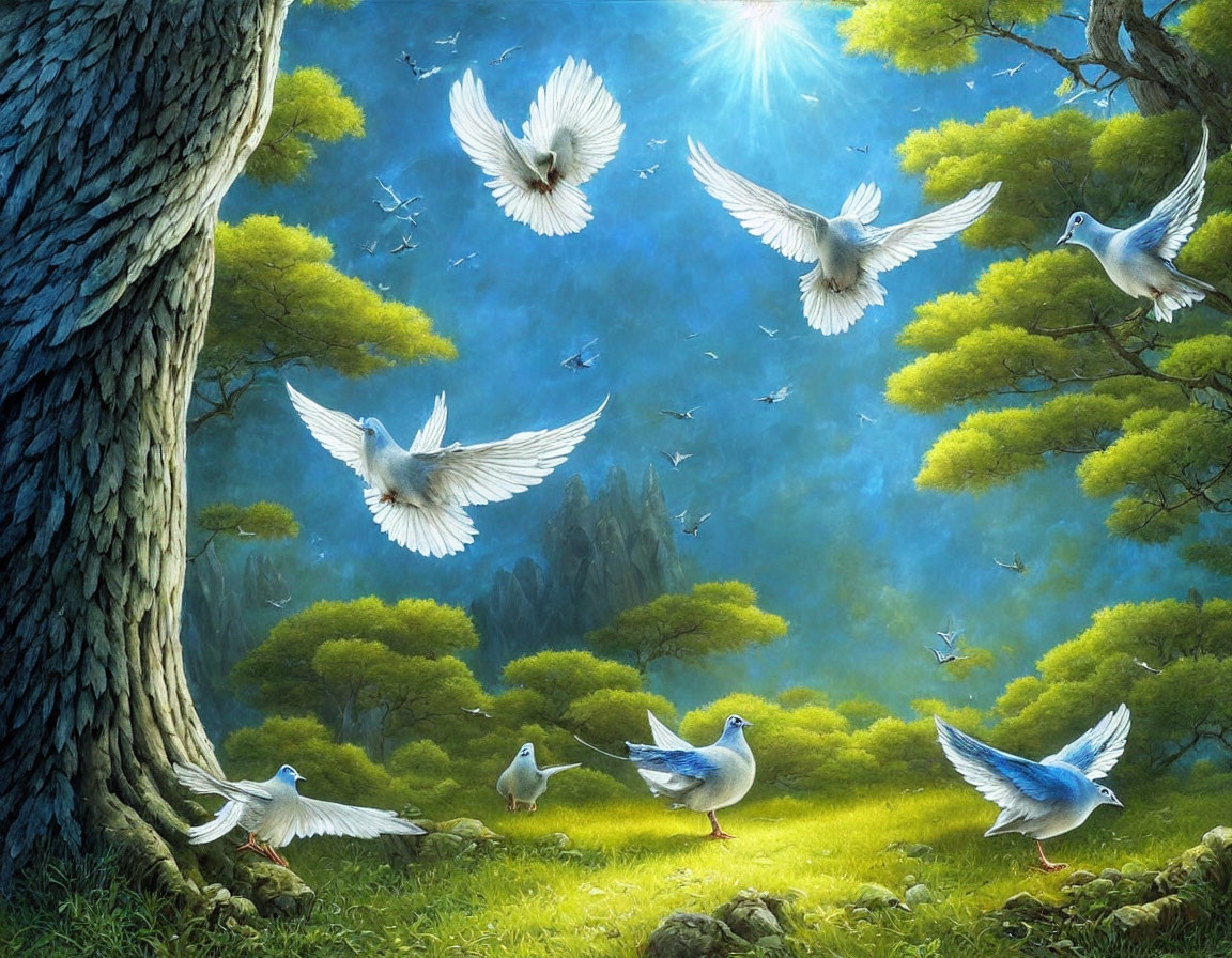 Fantasy forest scene with doves, sunlight, and large tree