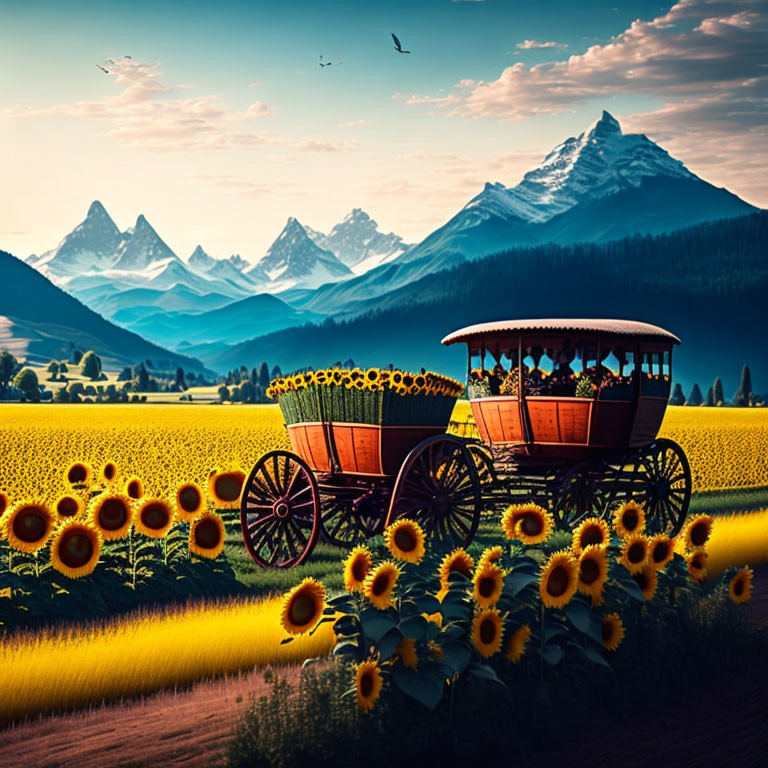 Rustic wooden wagon in sunflower field with mountains and sky