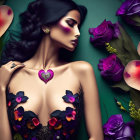 Woman surrounded by colorful roses, heart painted on chest